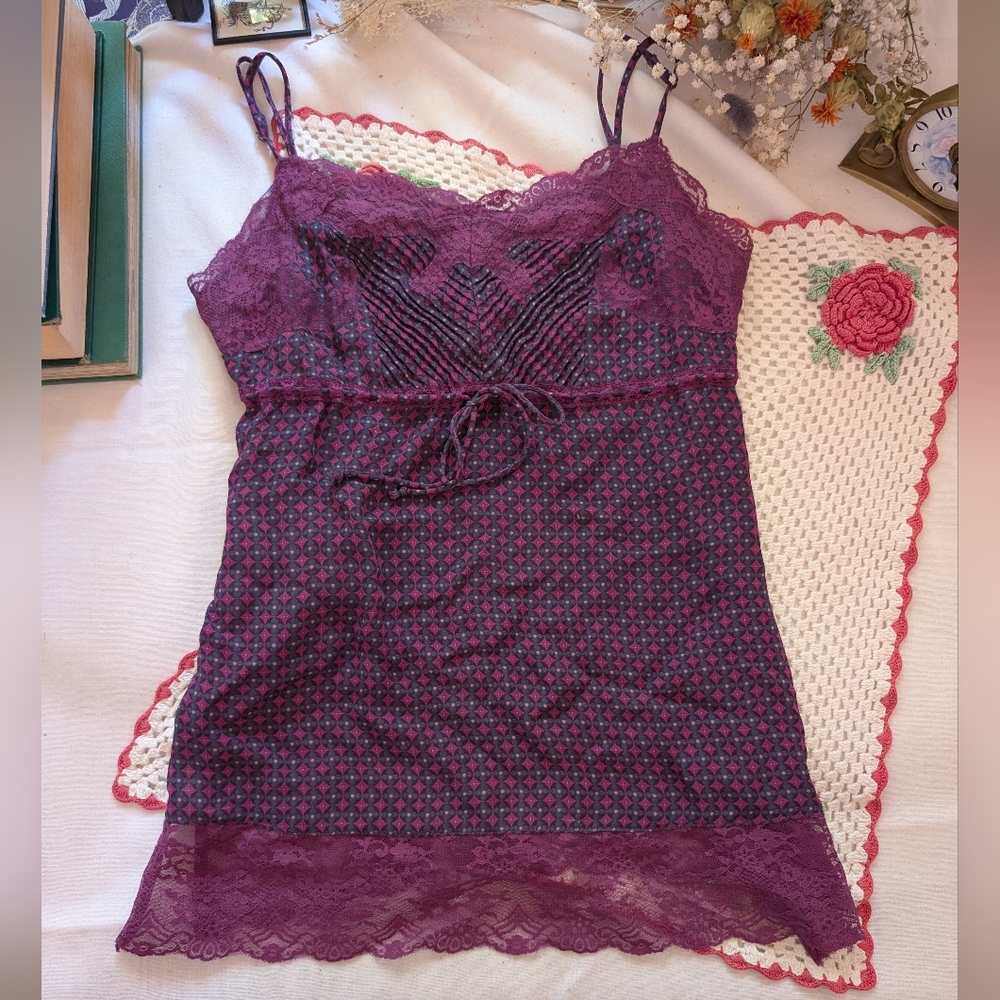 Vintage Y2K Express Design Studio 100% Silk Purple Lace Babydoll Cami Top - XS